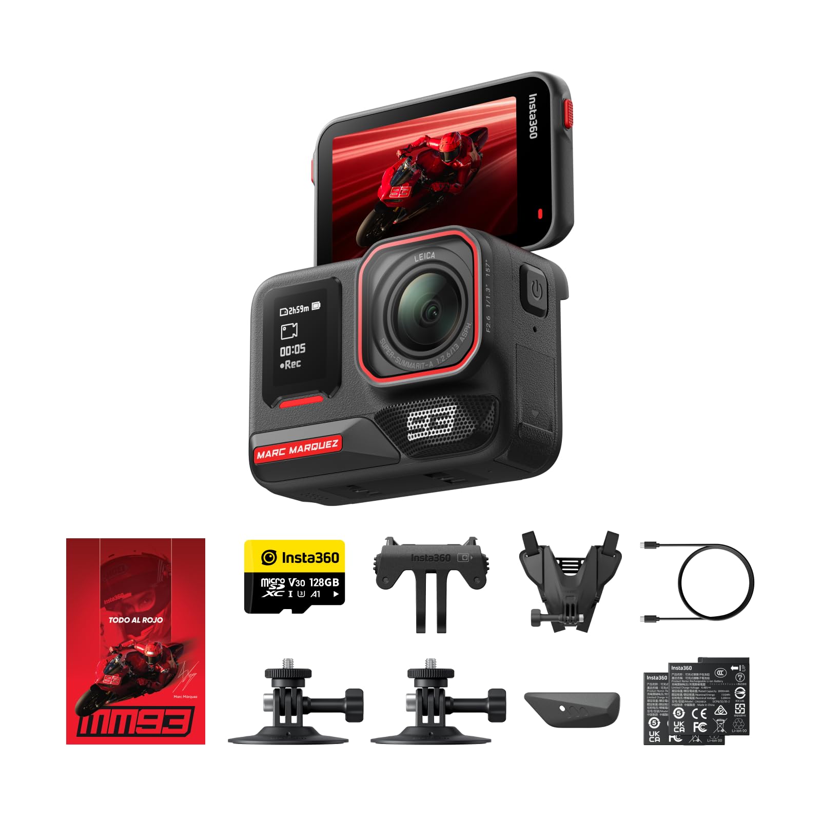 Insta360 Ace Pro 2 Edizione MM93, Action cam 8K Creata in collab con Marc Márquez, videocamera per moto, superba in bassa luce, riduzione rumore del vento, touchscreen direzionale ed editing IA.