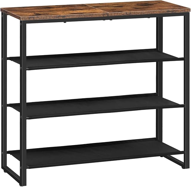 HOOBRO Shoe Rack, 4 Tier Shoe Storage Organizer, Shoe Shelf with 3 Oxford Fabric Shelves and Top Panel, Holds 12-16 Pairs of Shoes, for Entryway, Closet, Steel Frame, Industrial, Rustic Brown BF47XJ01G1