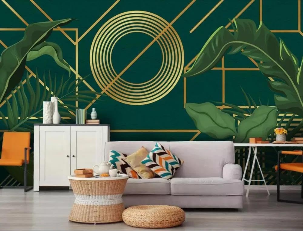 Papier peint mural 3D feuille verte ILIYA pour salon apaisant