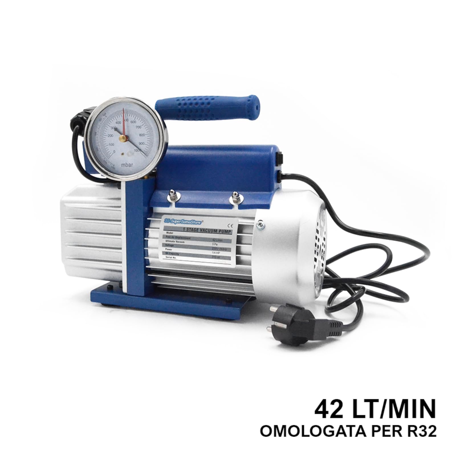 3S SuperSamaStore Pompa Vuoto Monostadio 42 Lt/Min con Elettrovalvola e Vacuometro per Condizionatori, Pompa per Vuoto Professionale per Impianti Climatizzazione e Condizionamento, Omologata Gas R32