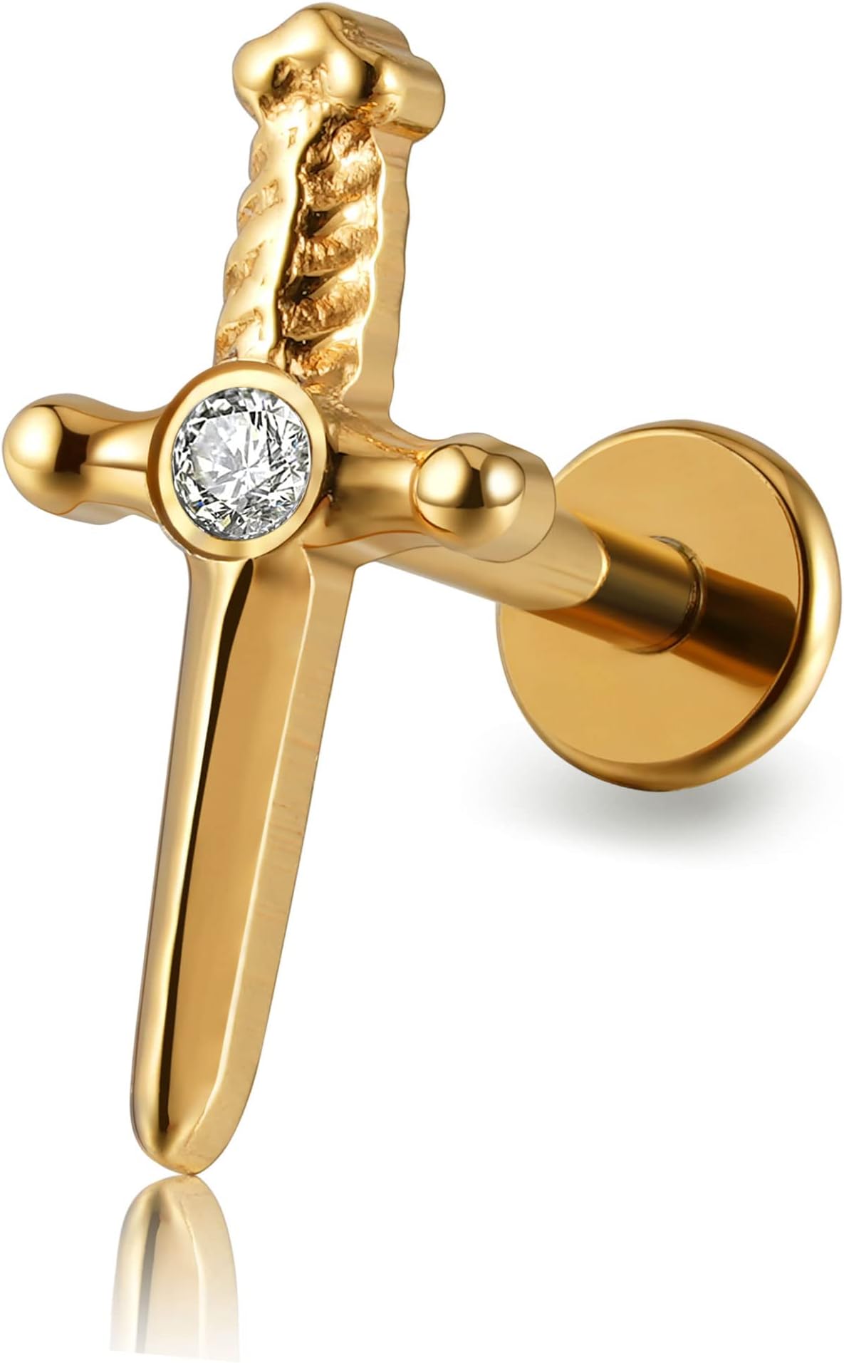 FINE4U 1PC ASTM F136 Titanium Sword Piercing Jewelry for Conch, Tragus, Helix 16G 8mm, Implant Grade Hypoallergenic Flatback Stud