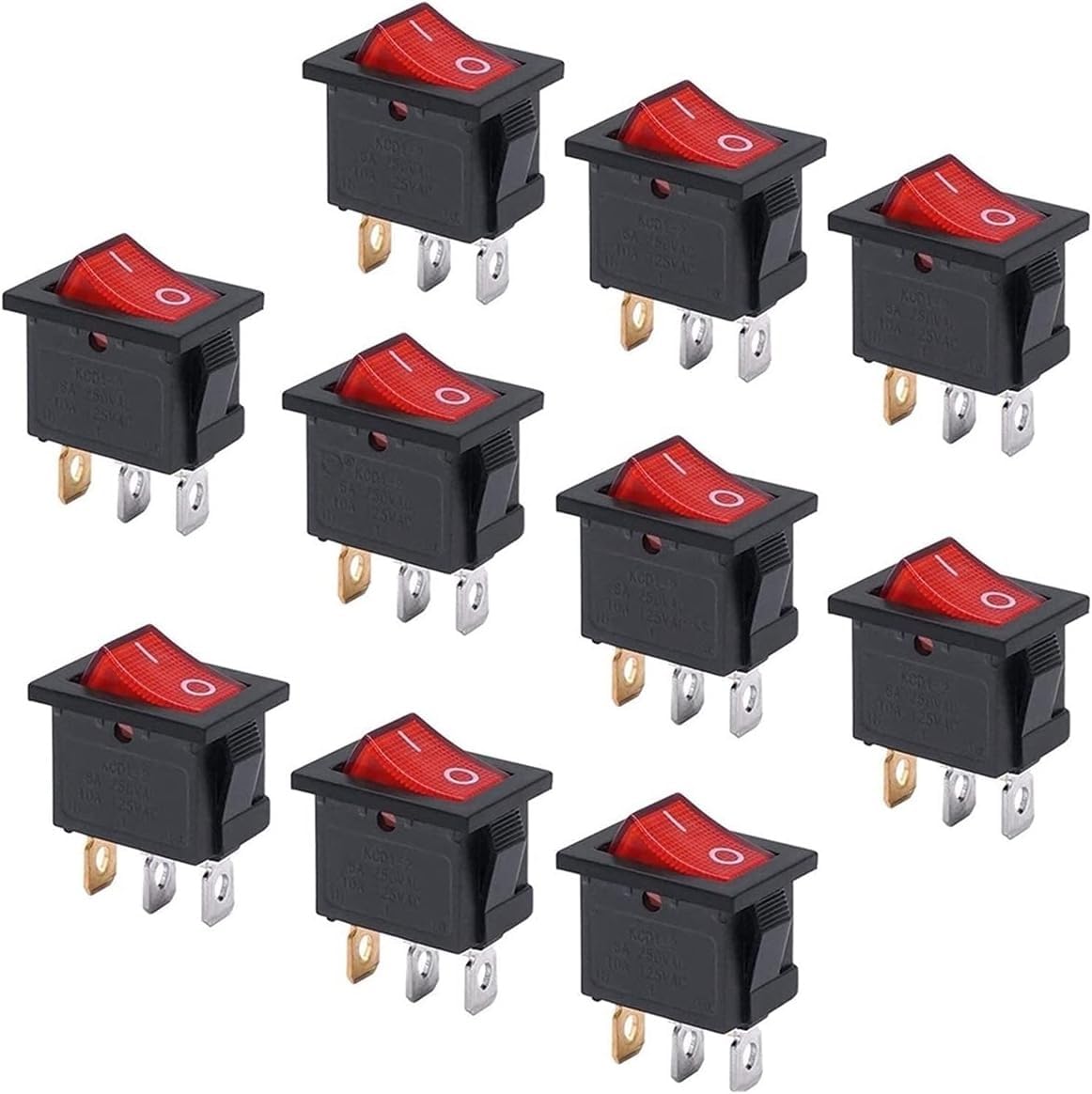 Switch 10pcs AC 250V/6A, 125V/10A Red Light On/Off SPST 3 Pin 2 Position Mini Boat Rocker Switch