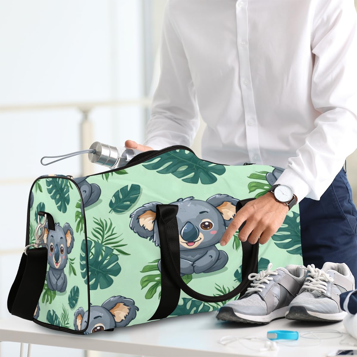 Tropical Leaf Koala Travel Duffel Bag for Women Men Large Capacity Overnight Weekender Bags for Lightweight Waterproof Sport Gym Bag for Workout Yoga Swim