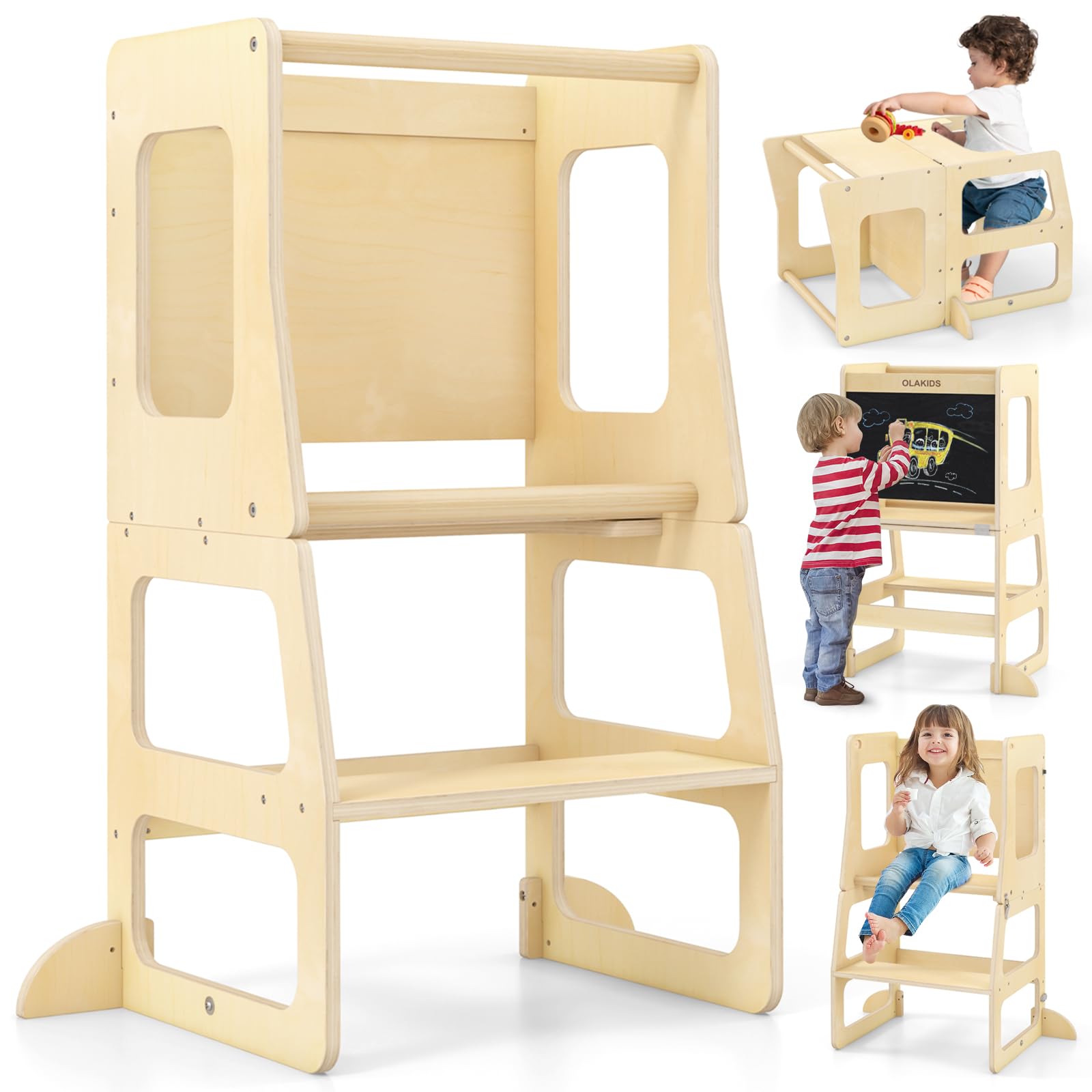 OLAKIDS Toddler Tower, 4 in 1 Foldable Kitchen Stool Learning Standing Tower with Chalkboard Removable Safety Rail, Kids Wooden Collapsible Montessori