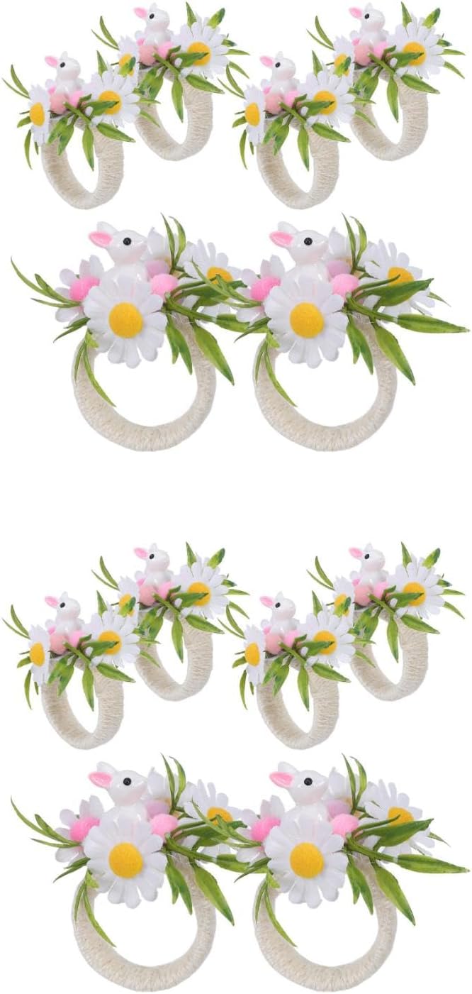 12PCS Easter Bunny Napkin Rings Rustic Jute Rope Holder with Artificial Flower for Spring Banquet Table Party Accessories
