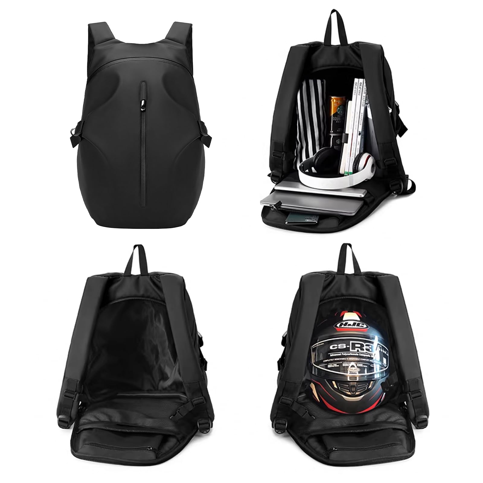 Sac à dos de moto résistant à l'eau avec compartiment pour casque, sac à dos de voyage, sac à dos pour ordinateur portable, sac à dos léger et décontracté pour l'école, noir