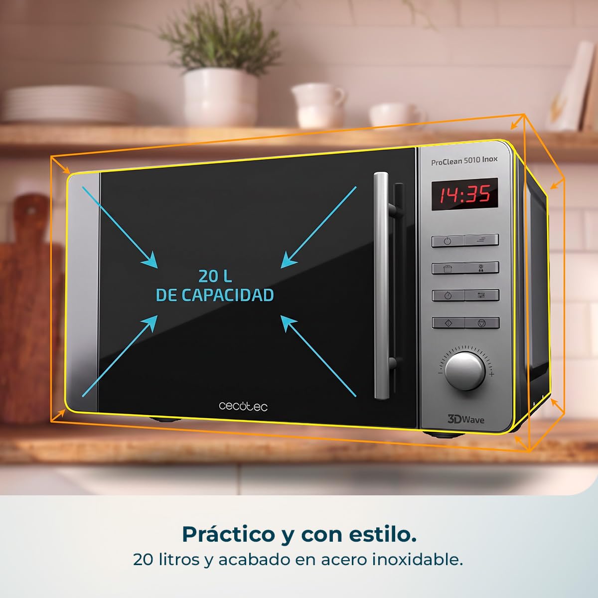 Cecotec Microondas Proclean 5010 Inox Wave. 700 W, Capacidad de 20 L, Revestimiento Ready2Clean, 5 Niveles Funcionamiento, 8 Programas, Tecnología 3DWave, Temporizador, Diseño Frontal y Tirador Inox