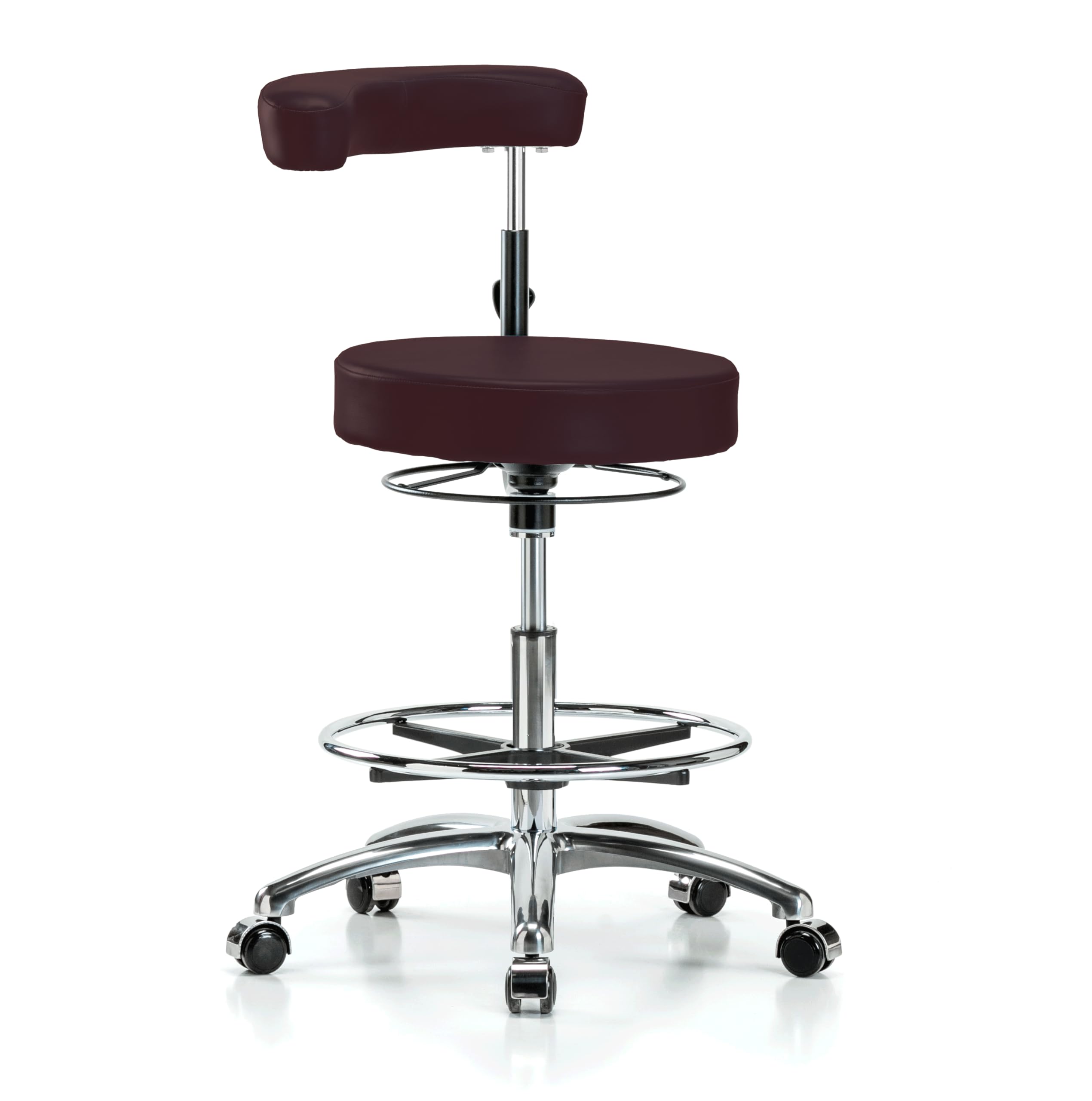 Perch Chrome Dental Stool with Foot Ring, Casters, 20.5-28", Burgundy Vinyl