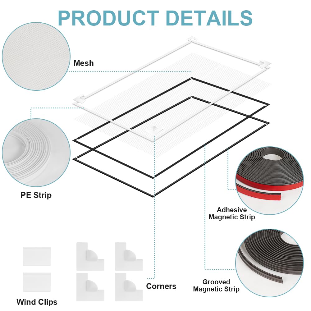 Flintronic Mosquitera magnética para ventanas, Mosquitera para ventanas de fijación con Imán incorporado, recortable individualmente hasta 130 x 150 cm, sin taladrar ni atornillar [Blanco]