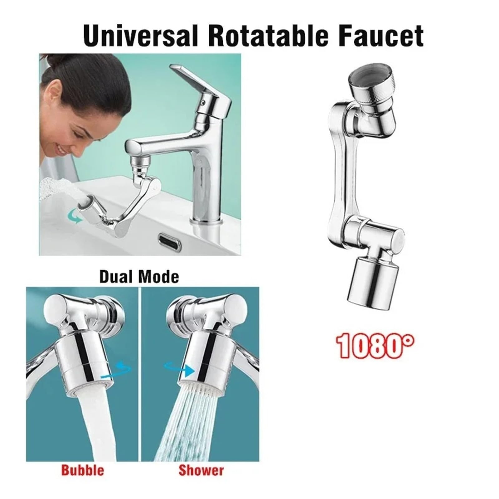 Extensor de grifo giratorio de 1080° con filtro de agua, brazo robótico multifuncional aireador giratorio burbujeador para fregadero de cocina, grifo de baño, 2 modos universales (doble plateado)