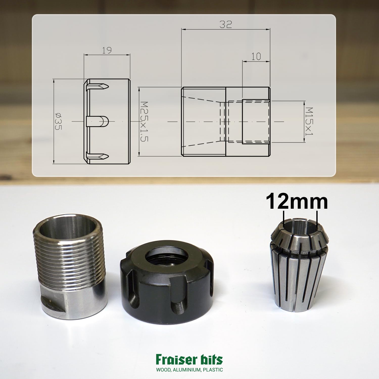 Fraiser Mandrino compatibile con fresatrice verticale Bosch POF 1200-1400 ER20 con attacco 12mm per fresatura del legno - accessori frese legno
