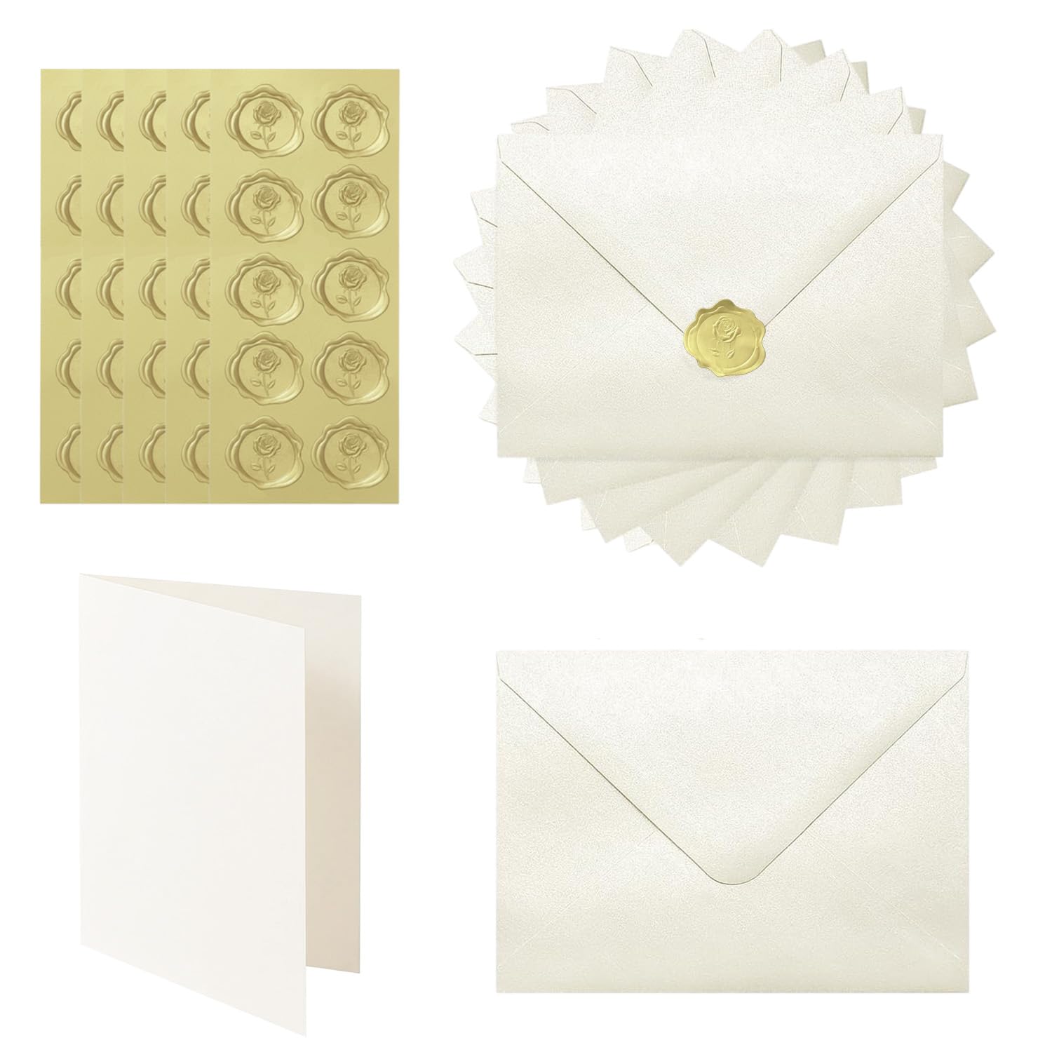 Acidea Ivory Pearl Envelopes with Plain Cards, 11x16cm 210GSM Shimmer Envelopes with 250GSM Folding Blank Cards and Gold Stickers, Perfect Stationary Set for Wedding Invitations, Birthday, Holiday