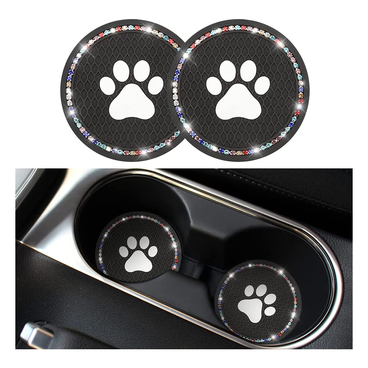 2PCS Universal Bling Car Cup Coaster, Rhinestone Car Accessories, 2.75 inch Dog Paw Car Cup Holder Insert Mat Pad Set,Suitable for Most Car Interior (Black/Multicolor)