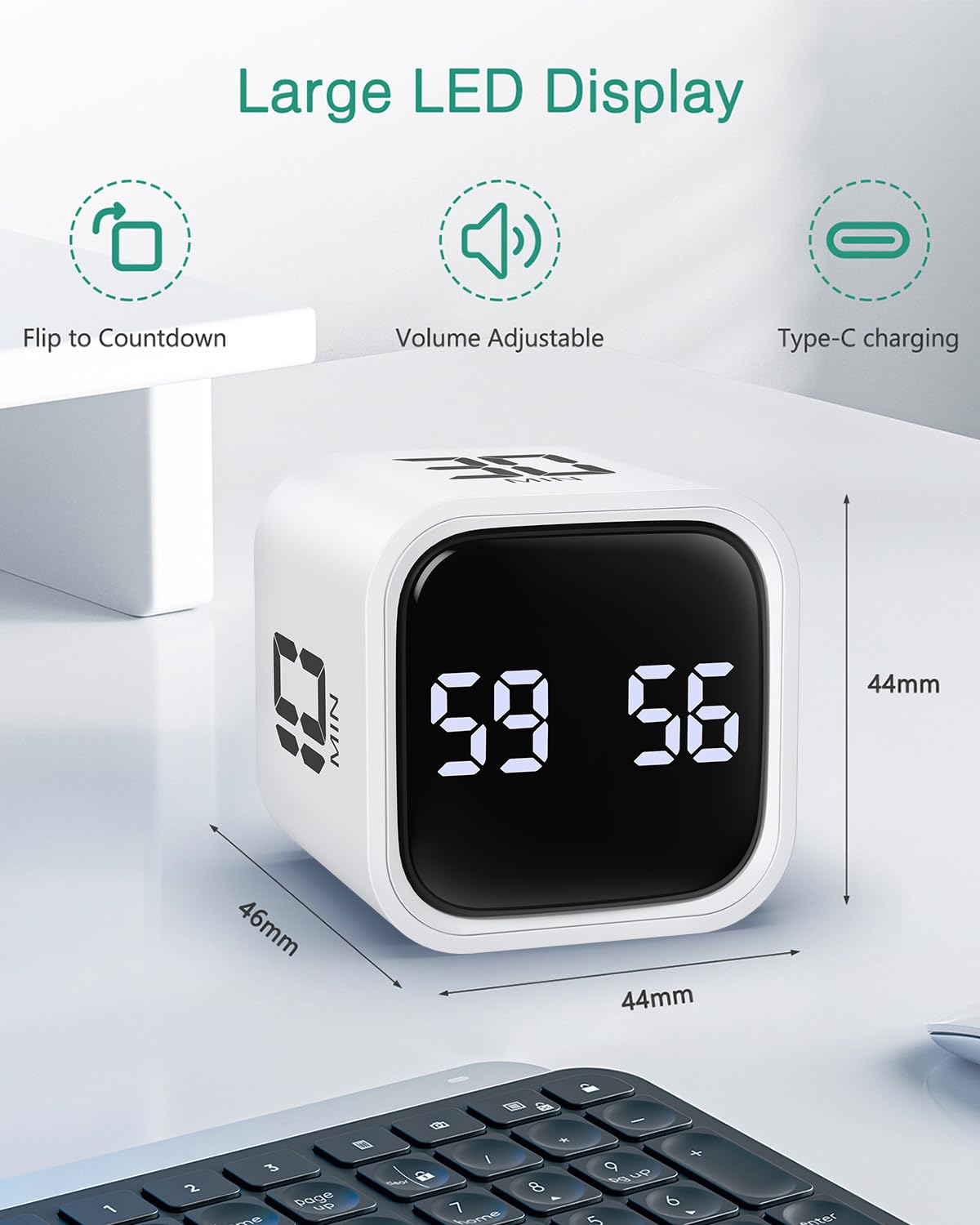 ORIA Digital Timer, Cube Pomodoro Timer with Gravity Sensor, 5/10/30/60 Min Quick Set & 100-Minute Countdown, LED Display - Image 2