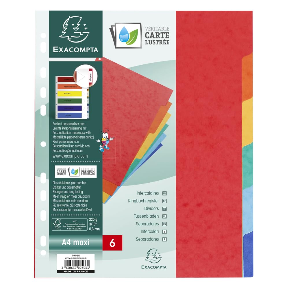 Exacompta - Ref 2406SE - Pack of 3 Sets of dividers Made of Genuine Soft Glossy Card 225 g/m2 FSC with 6 Neutral tabs - Format to File A4 Maxi - Size 24.5 x 29.7 cm - Assorted Colours - Image 2