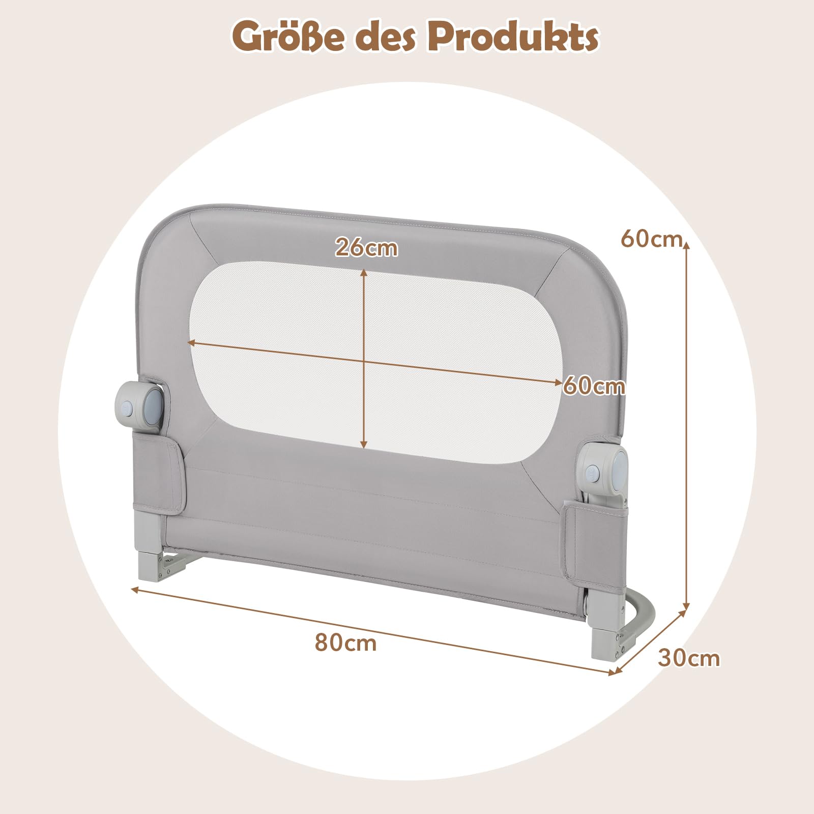 COSTWAY Bettgitter klappbar, 80 x 60 cm Bettschutzgitter mit abnehmbarem Oxford-Bezug, U-förmigem Gestell & Gurt, Kinderschutzgitter, Rausfallschutz für Kinderbett Elternbett Boxspringbett (Grau)