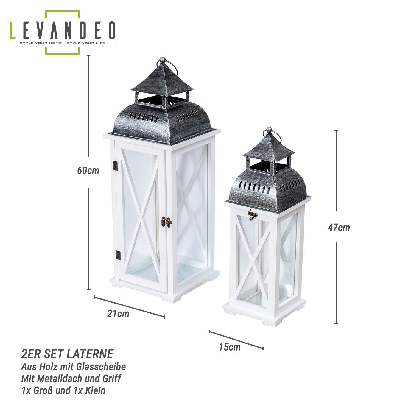 2er Set Laterne aus Holz Weiß Metall Kerzenhalter Windlicht Holzlaterne Deko Bodenlaternen Gartenlaternen Landhaus Dekoration