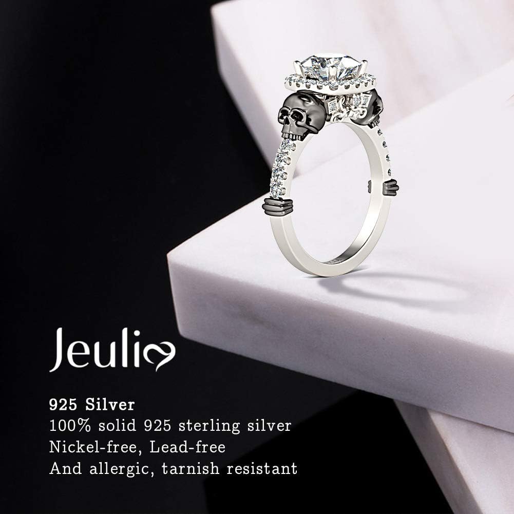 Jeulia Women 3.4 Carat Cushion Cut Engagement Ring 925 Sterling Silver Halo Skull Rings Anniversary Promise Wedding Eternity Rings Romantic Jewelry Gift for Her