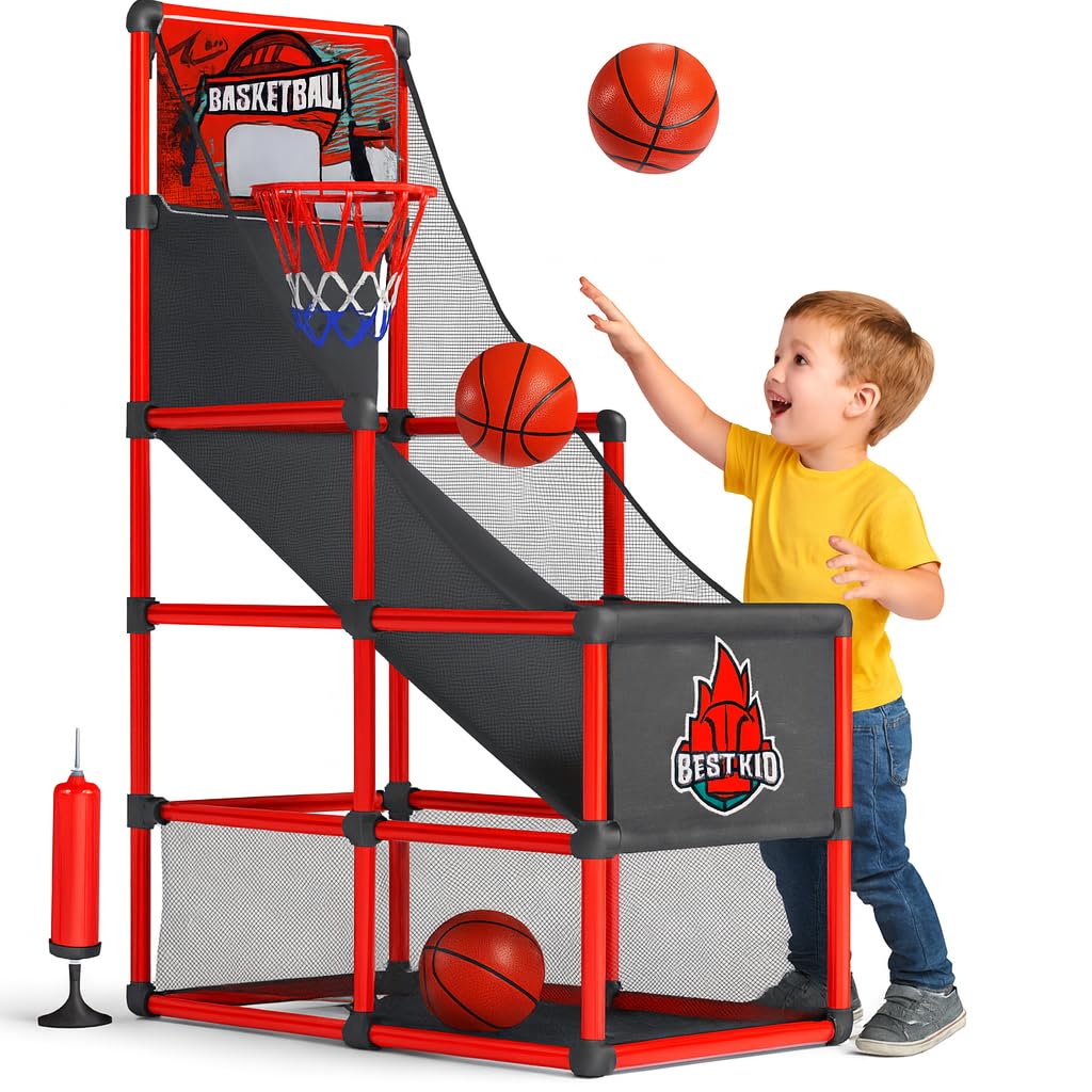 BESTKID BALL Kids Basketball Hoop Single Shot System Arcade Game Set: Indoor & Outdoor Sports Toys for Boys & Girls, Includes Ball, Ideal Party Gifts for Little Athletes Ages 3-9.