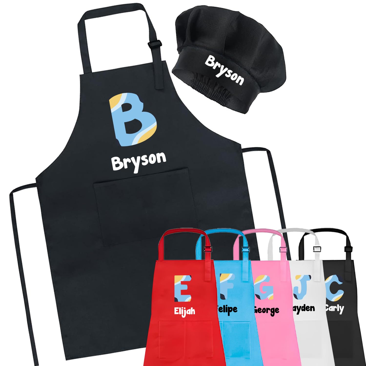 7th Hill Personalized Kids Apron for Cooking with Chef Hat, Toddler Apron for Girls and Boys, Baking & Painting, Christmas, Birthday Gift For Children