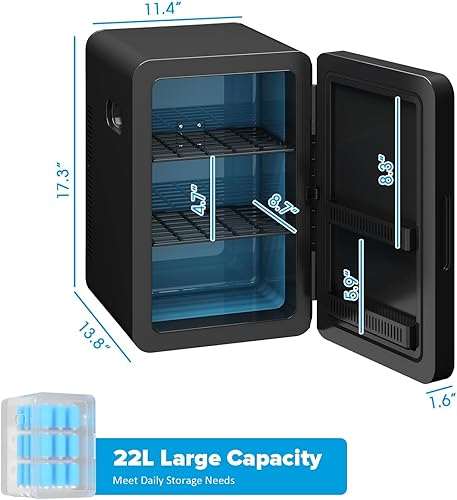 Miniatura 9 de Mini refrigerador de 22 L/30 latas para dormitorio, enfriador y calentador portátil de 12 V CC, mini refrigerador con frente de vidrio, para Negro