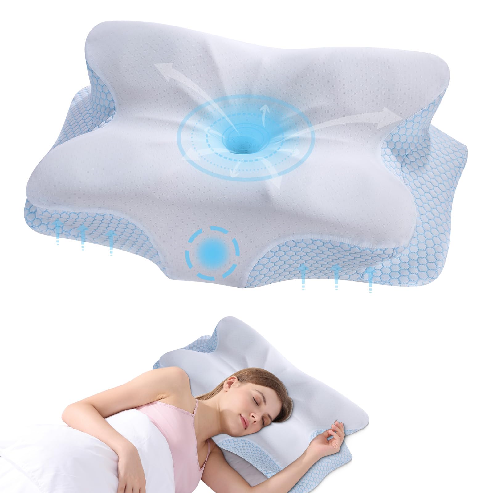 Cervical Neck Pillow - Memory Foam Pillow for Neck Support and Pain Relief, Ergonomic Contour Pillow for Side Back and Stomach Sleepers, Soft and Cooling Ice Silk Washable Pillowcase