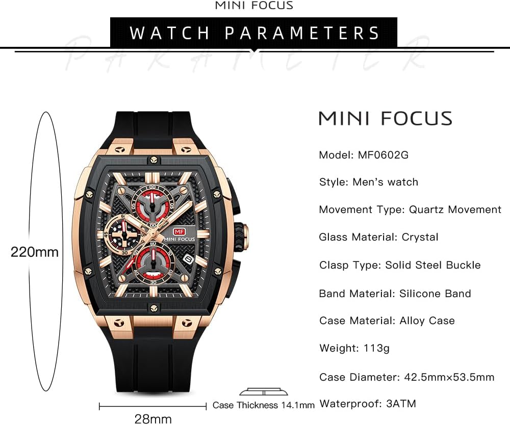MF MINI FOCUS Men's Watch Analog Fashion Wrist Watch, Skeleton Tonneau Watch for Men with Chronograph,Ideal for Sports Enthusiasts and Daily Wear - Image 6