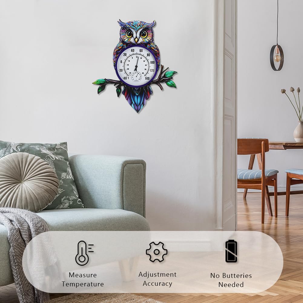 22" Outdoor Thermometer, Large Metal Indoor Wall Thermometer, Printed Owl Outside Thermometer with Large Number for Patio Home Room Decor