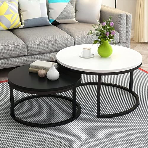 Image of Two-Piece Marble Look Coffee Table Set, top end Side Table, Metal Frame Cocktail Table, Nesting Tea Table, and Home Furniture Size for Living Rooms (Black & White)