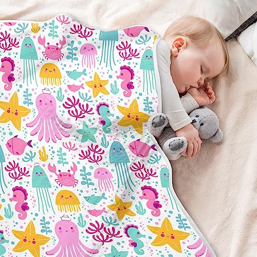 Image of Swaddle Blanket for Colorful Ocean Animals Octopus Baby Receiving Blanket Muslin Baby Swaddles Soft Cotton Breathable Nursery Blankets for Unisex Boys and Girls 30x40 Inch