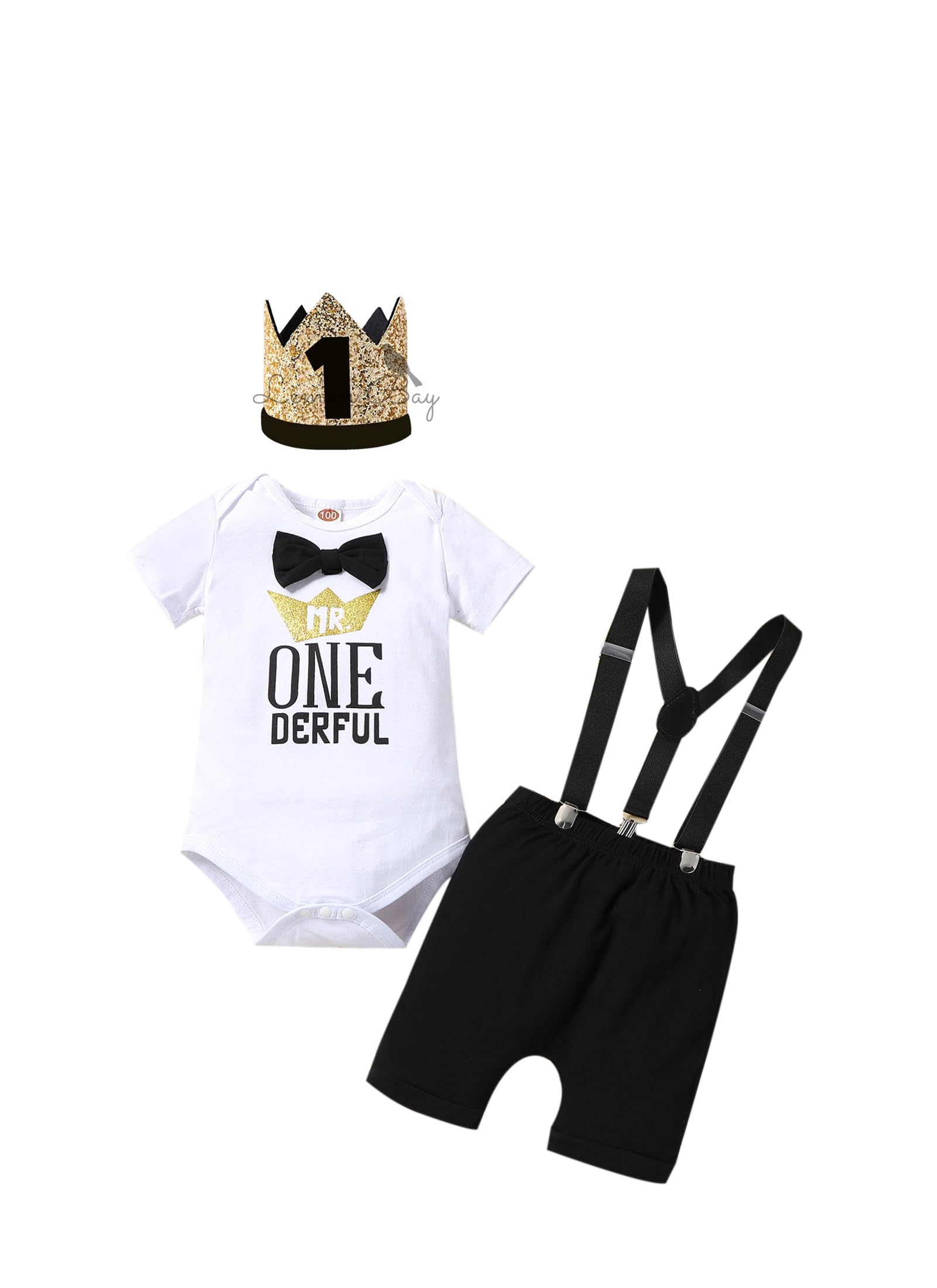 Highnesson-ww Baby Boy Funny First Birthday Clothes Infant Clothes Bow Tie Dinosaur Themed Romper Pants Set Suspenders