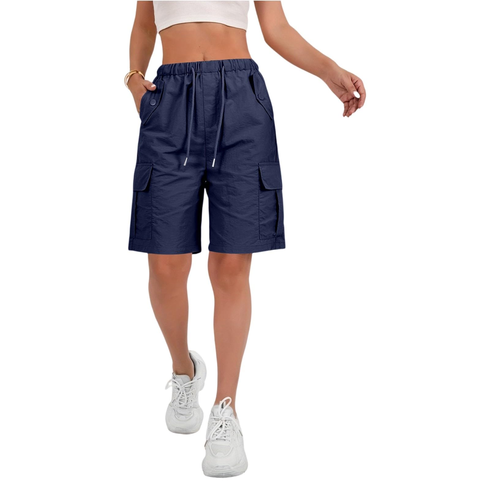 Bermuda Cargo Shorts for Women Drawstring Elastic Waist Loose Wide Leg Shorts Knee Length Summer Casual Athletic Shorts Women Knee Length Shorts Womens Hiking Cargo Shorts Navy