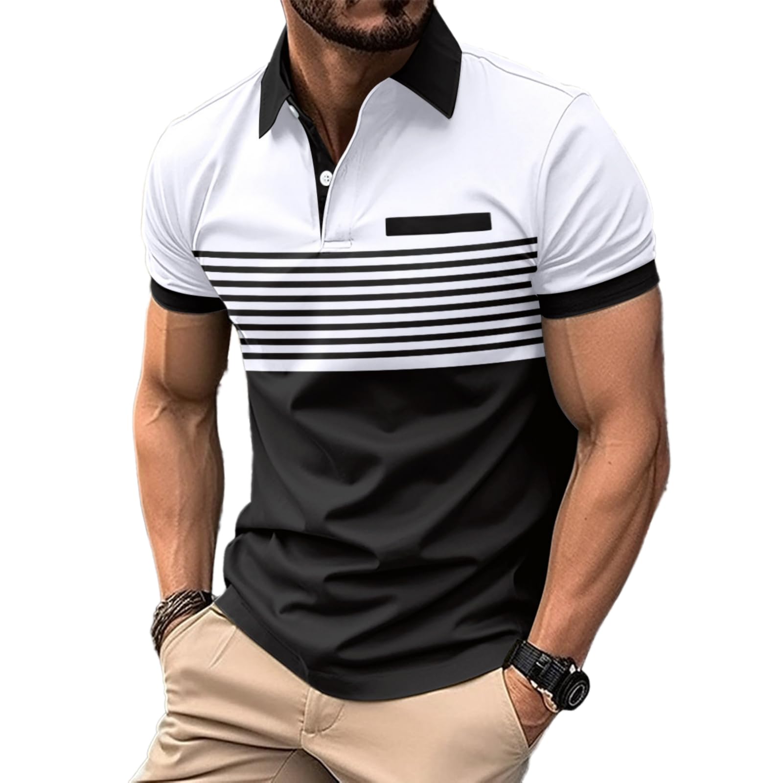 Men's Casual Polo Shirts Short Sleeve Fashion Golf Shirt Classic Striped Slim Fit T-Shirts
