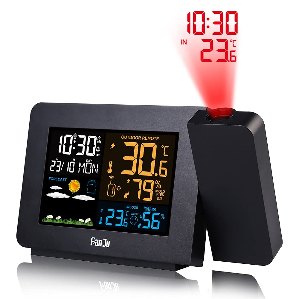 Stazioni Meteo Sveglia di proiezione con sensore Esterno, Stazione meteorologica Personale, previsioni del Tempo Dimmable Dual Alarms LCD. Visualizza la Data dell'umidità della Temperatura Ora