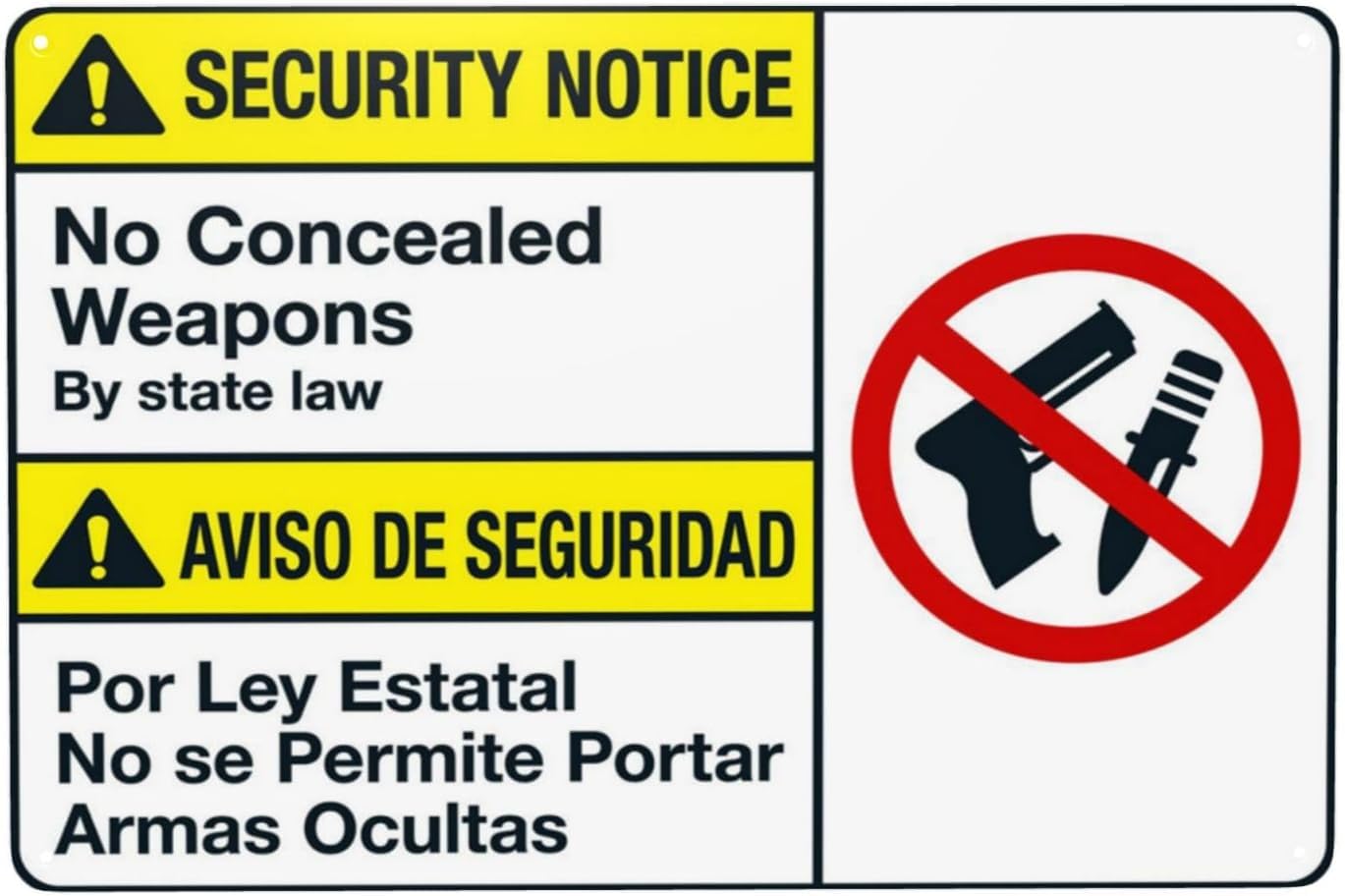 Security Notice No Concealed Weapons by State Law Bilingual Rust Free Aluminum Sign - Retro Decor with Pre-Drilled Holes for Business, Home - 12x16 Inch​