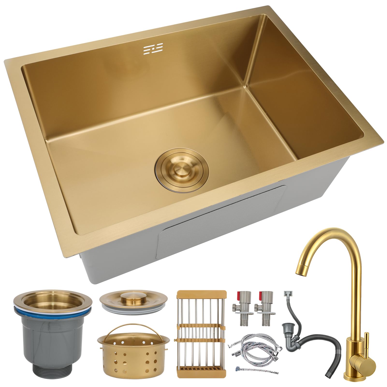 LMYSXAOZ Gold Stainless Steel Kitchen Sink 75x45cm - Top Mount Single Bowl with Golden Faucet, Handmade Prep Bar Sink, Easy-Clean Nano Coating, Drain Kit Included, Various