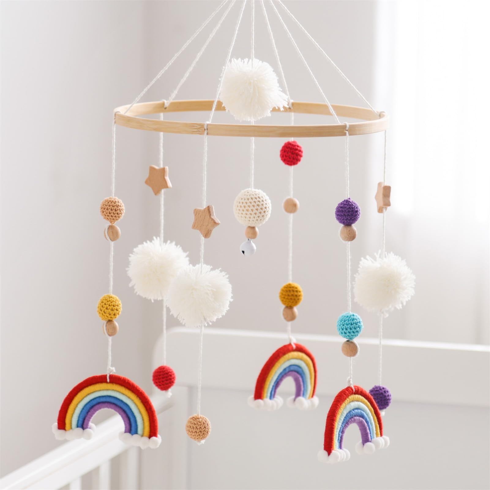 Herfair Mobiles Baby, Regenbogen Babybett Hölz Windspiele mit Bäll, Baby Mobile, Anhänger Babyzimmer Deko, Neugeborene Geschenk für Jungen Mädchen (Rot)