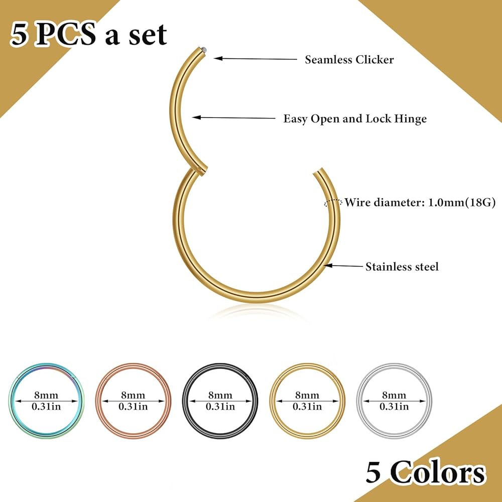 Set 5 Anelli Per Piercing Naso - Acciaio Chirurgico 316L, Misure 6-16 Mm, Multicolore - Foto 2