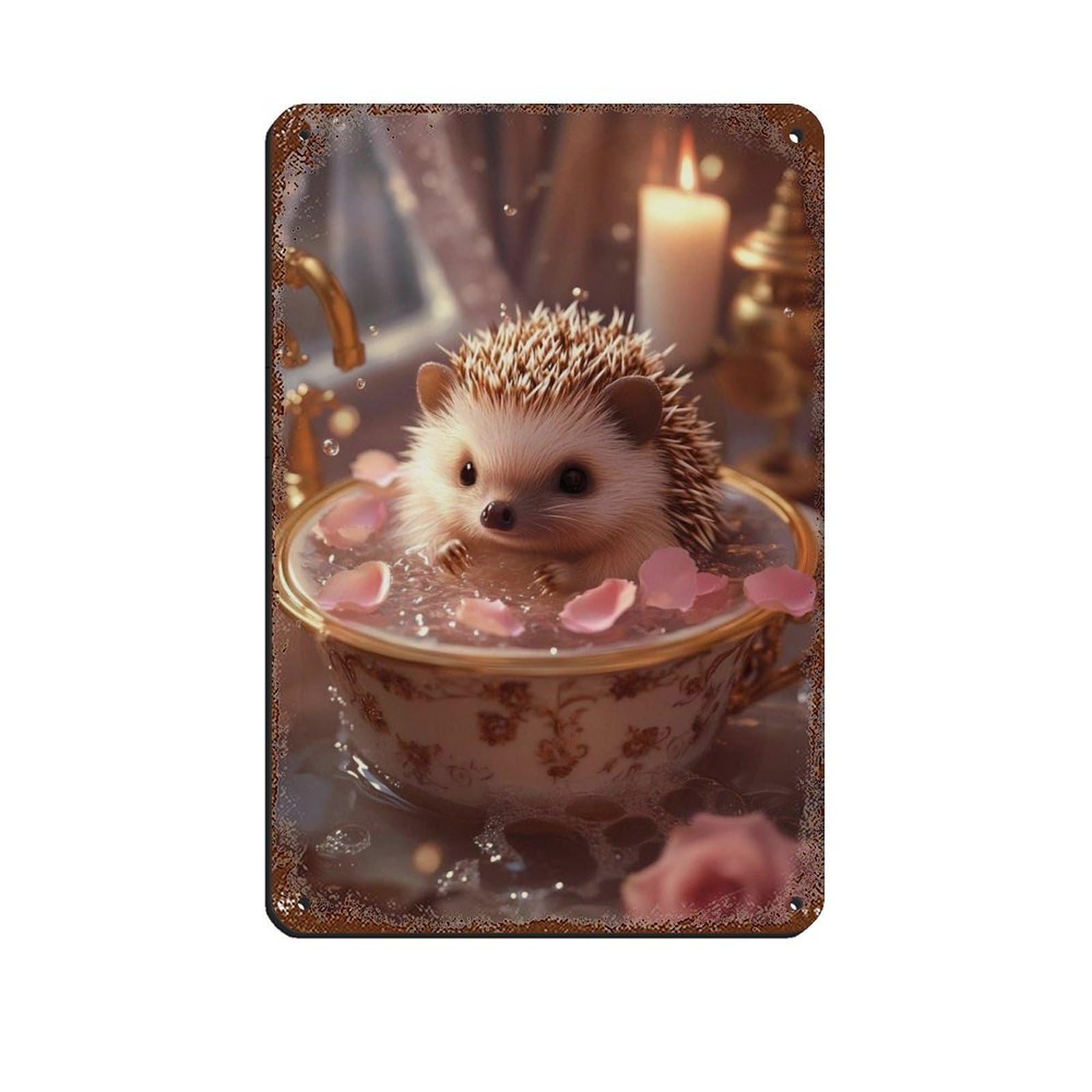 Cute Hedgehog in Vintage Teacup Retro Poster Metal Tin Sign Chic Art Retro Iron Painting Bar People Cave Cafe Family Garage Poster Wall Decoration 8x12inch(20x30cm)