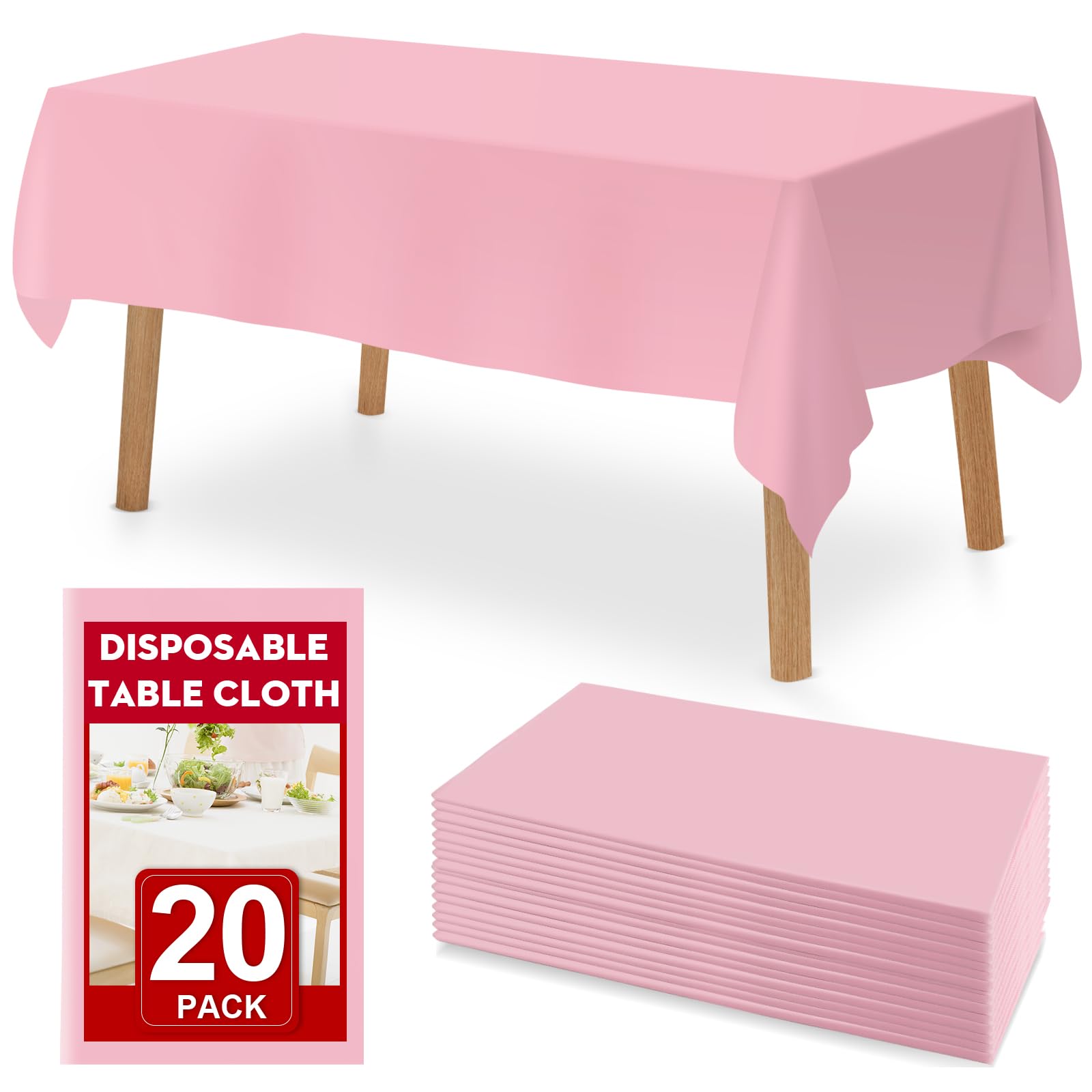 RowinsyDD 20 Pack Pink Plastic Table Cloths Disposable, 54 x 108 Inches Plastic Table Cover for Rectangle Tables, Disposable Tablecloth for Dinning,