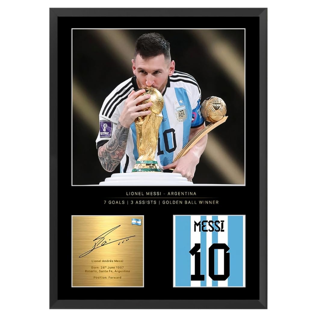 Signed Lionel Messi A4 Photo Display With Frame Included | Gift For Football Fans | Gift For Lionel Messi Fans | Football Memorabilia | World Cup Memorabilia | Football Wall Art