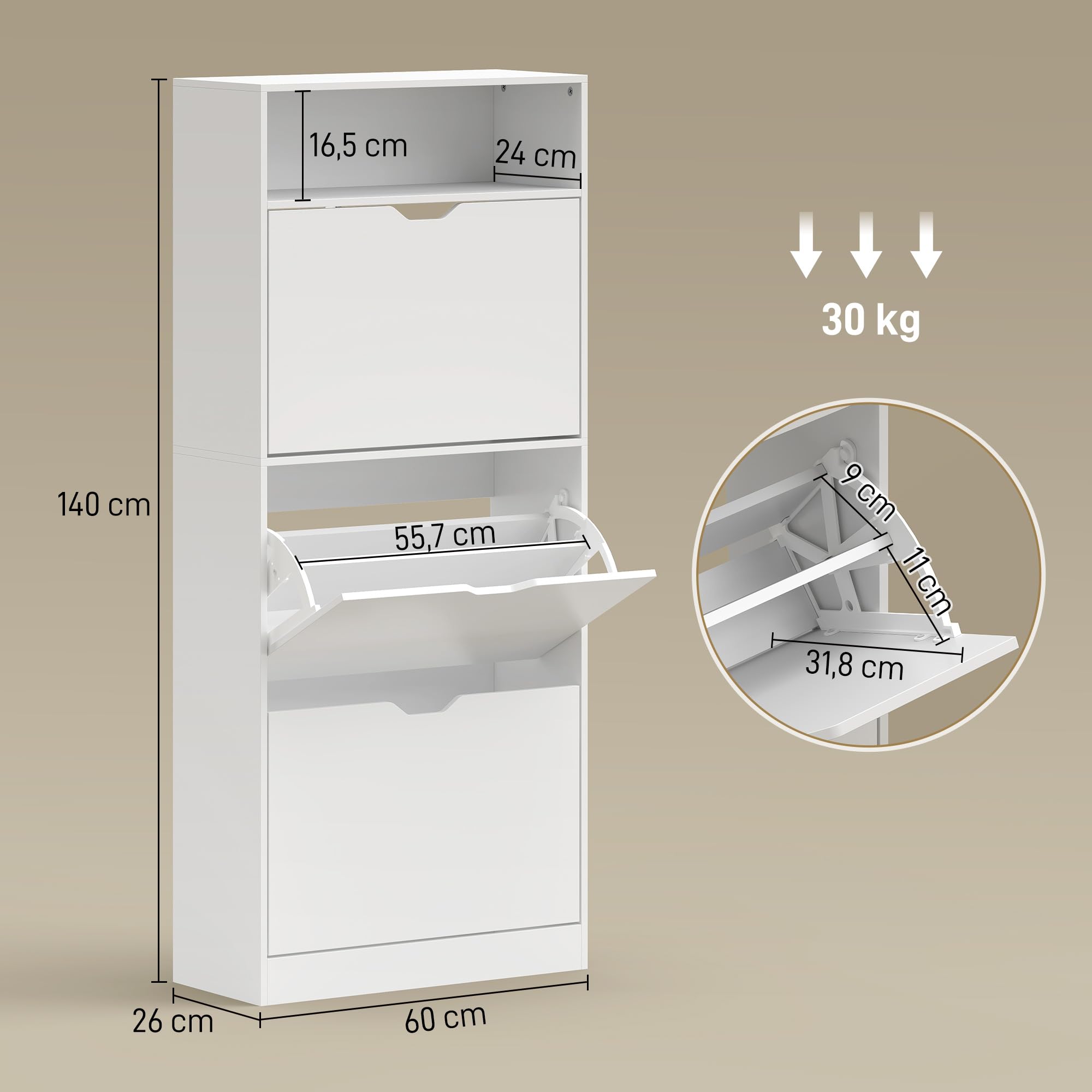 HOMCOM Schuhschrank mit 3 Klappen, Schmal Schuhkipper mit Ablage, Verstellbar Trennwand Schuhregal für 12-18 Paar Schuhe Schuhkommode für Flur, Eingang 60 x 26 x 140 cm, Weiß
