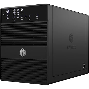 icy box 4-way external hard drive enclosure for 3.5 inch sata i ii iii hard drives usb 3.0 uasp & esata connection 80 mm smart fan jbod single mode standby black