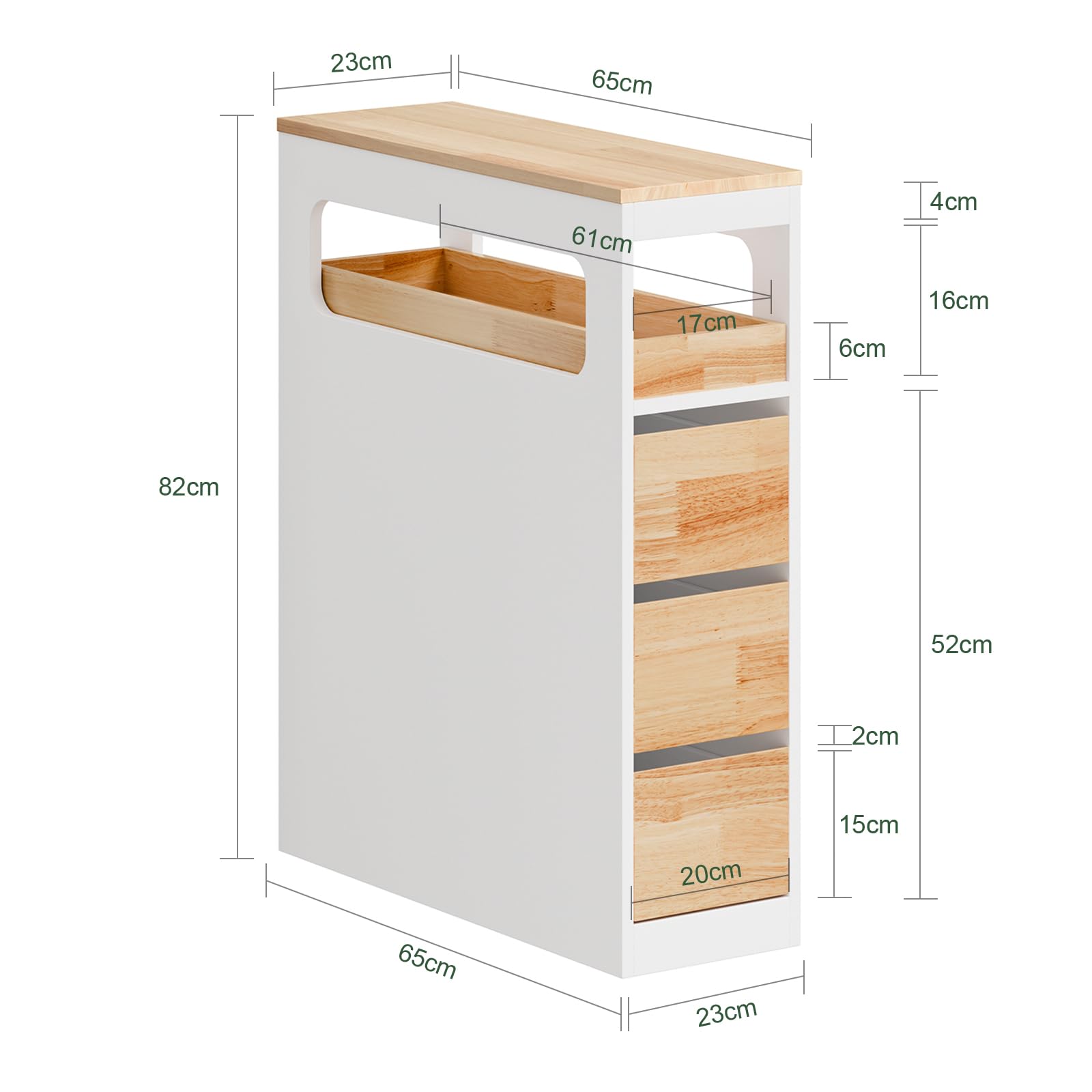 SoBuy Meuble Salle de Bain Rangement - Petit Meuble Toilette Colonne Étroite à Roulettes, 3 Tiroirs avec Plateau en Hévéa Gain de Place pour WC et Cuisine Blanc et Couleur Bois 65x23x82cm BZR54-III-WN