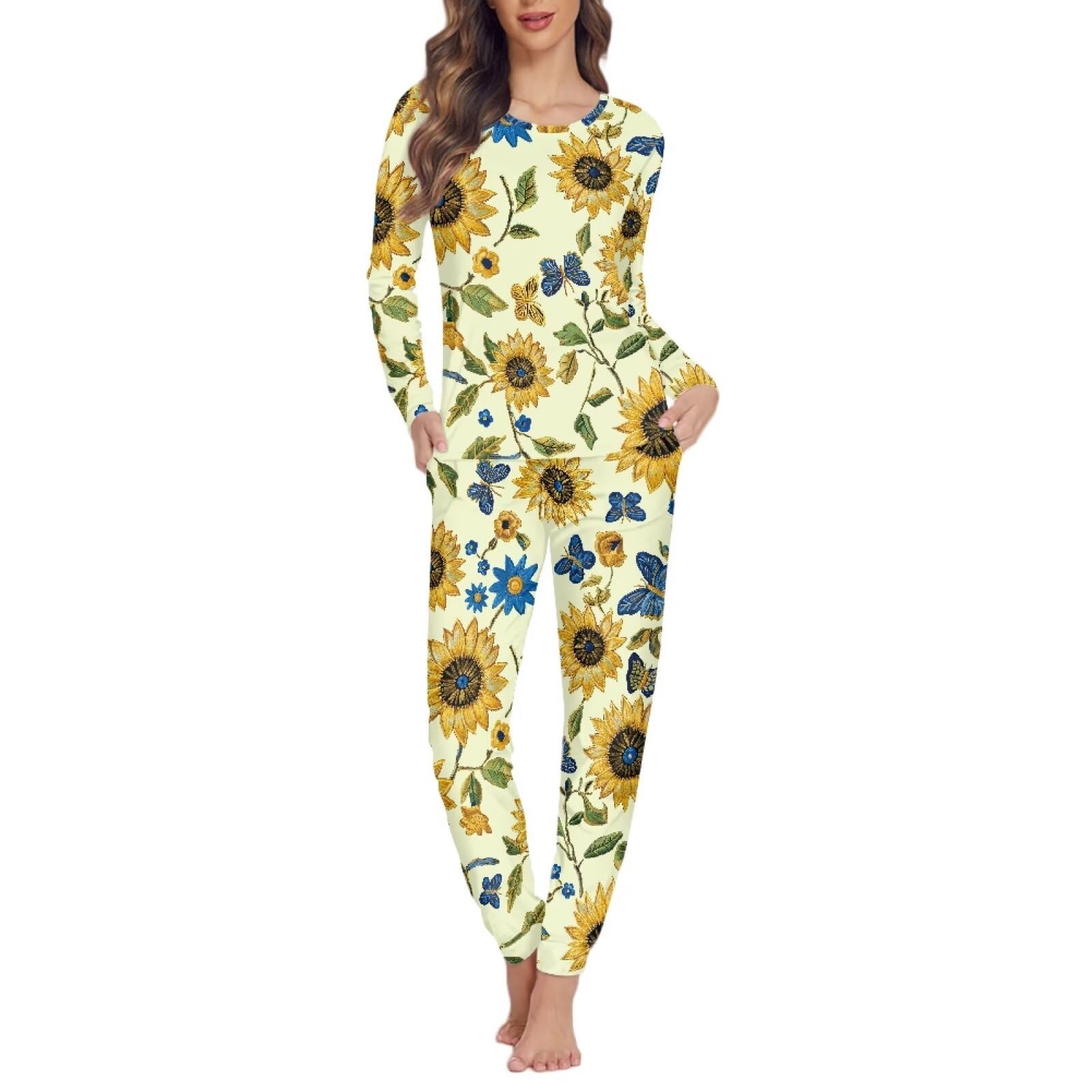 Biyejit Conjunto de pijama vintage de girasol para mujer, manga larga, cuello redondo, ropa de dormir casual con bolsillos para fiesta de pijama, hogar, 2 piezas XS-6XL, Girasol vintage, 6XL