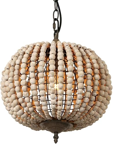 Newrays Lámpara de araña con cuentas de madera, estilo bohemio, bohemio, playa, lámpara de techo (globo blanco grisáceo, 11.81 x 14.56 pulgadas)