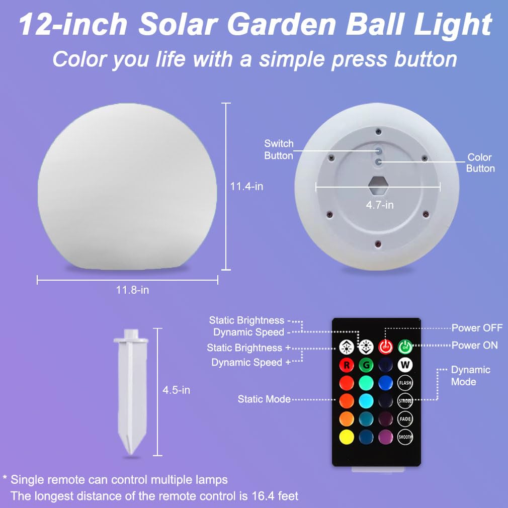 30,5 cm große, solarbetriebene Kugelleuchte für den Außenbereich, Solar-Gartenkugel-Licht mit Fernbedienung, RGB-Farbwechsel, wasserdicht, große Solarkugel-Licht, Landschaftsbeleuchtung,
