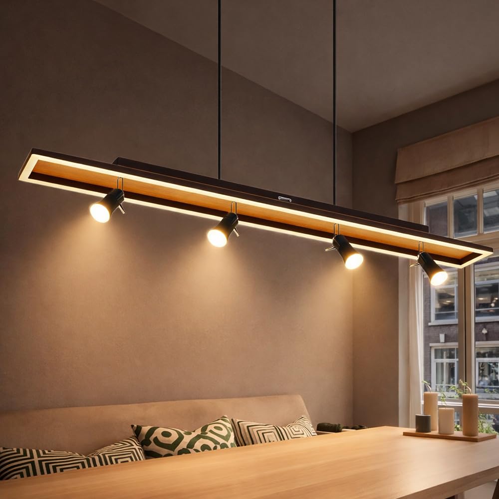 Hängelampe Esstisch Pendelleuchte schwarz Wohnzimmerlampe dimmbar, LED Hängeleuchte 4-flammig Holzoptik Spots schwenkbar, 4x GU10, LxBxH 116x12x120cm