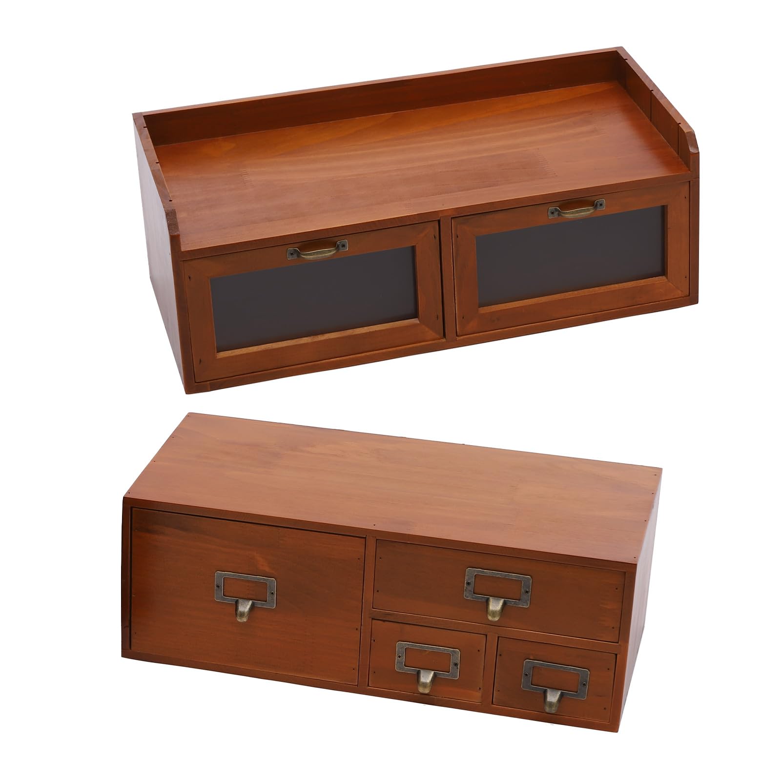 Organizer da scrivania a 6 cassetti, in legno di pino, 47 x 22 x 32 cm, marrone | Cassettiera vintage in acrilico trasparente, per cancelleria, cosmetici, gioielli e piccoli oggetti di uso quotidiano