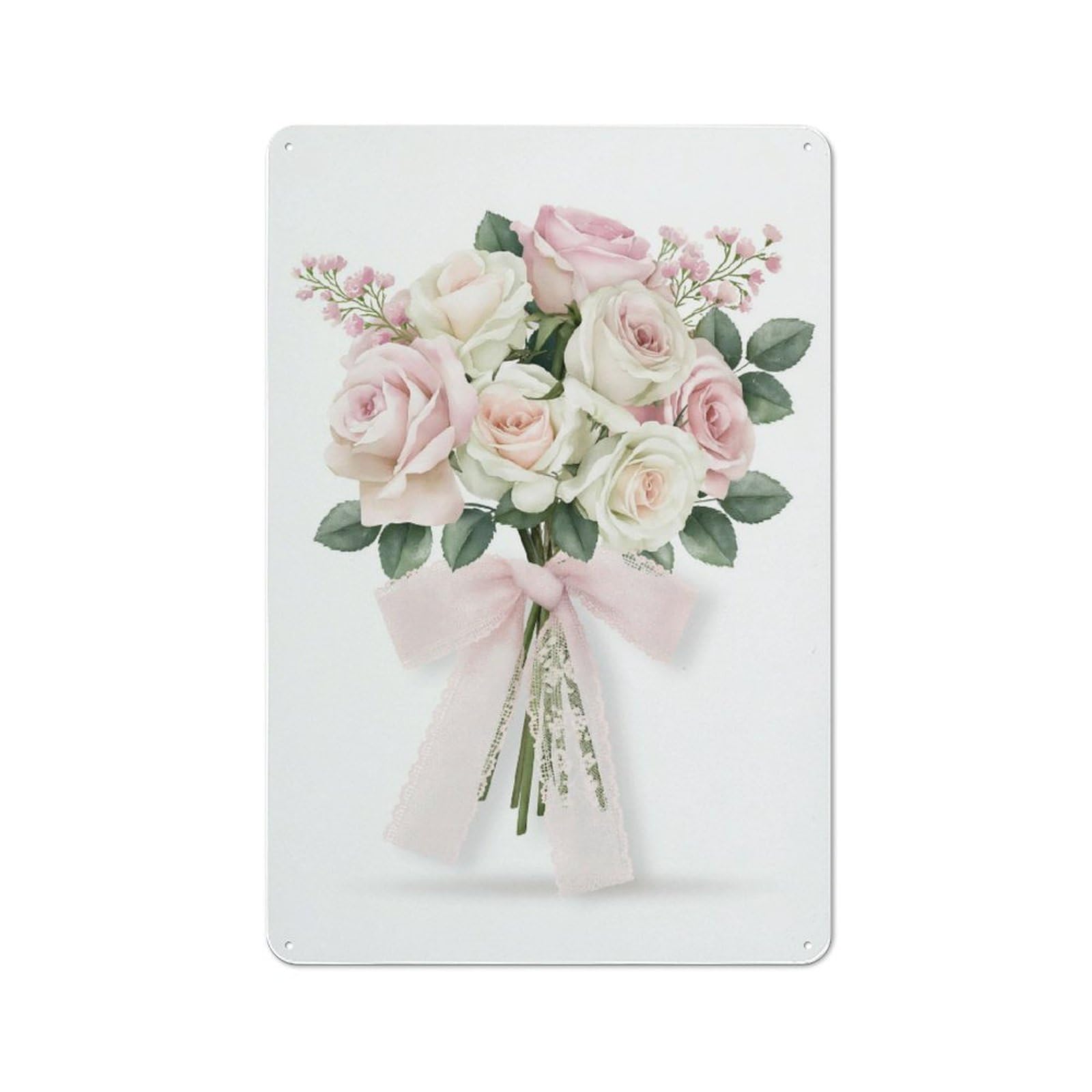 Jubonexis Bouquet of Pastel Roses with Lace Ribbon Tin Metal Signs Wall Art Decorations for Bar Pub Club Cafe Room Farmhouse White 30x20cm